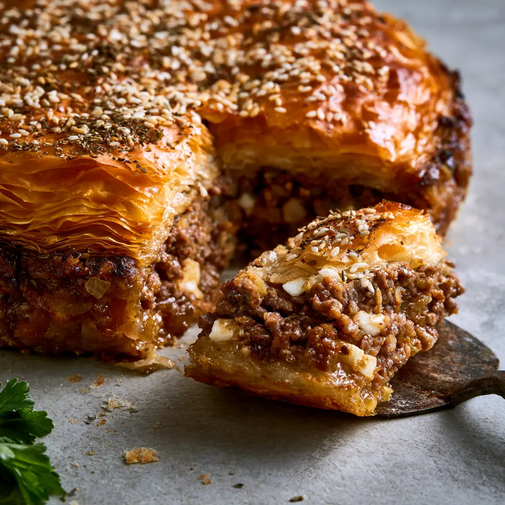 Side view of a kreatopita slice revealing juicy browned minced beef and lamb with white cubes of Kefalotyri cheese.