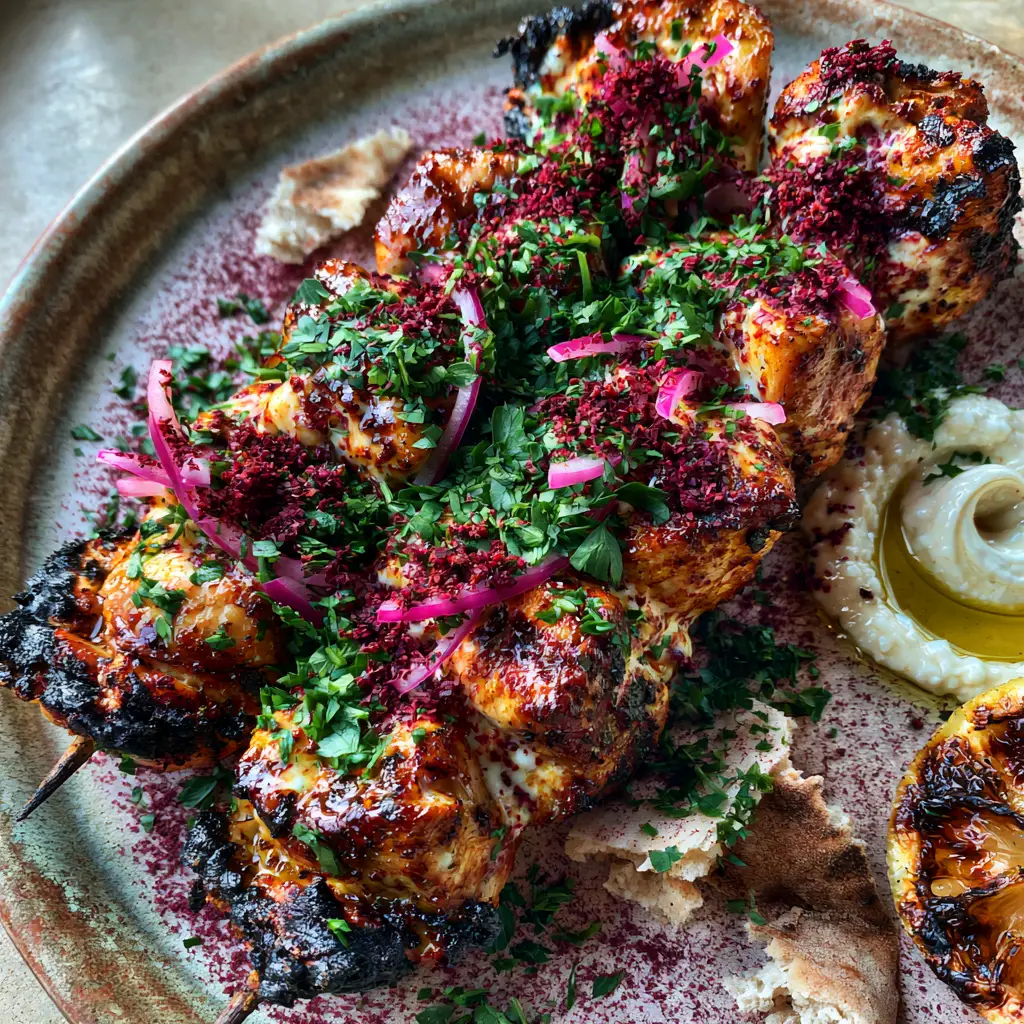 Close-up of grilled chicken cubes with yogurt marinade residue and deep grill marks on wooden skewers.