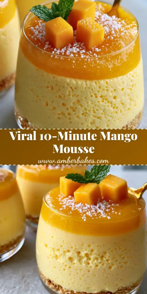 A close-up of three layered Mango mousse cups with a graham cracker base, pale yellow mousse, and bright orange glaze garnished with mint.