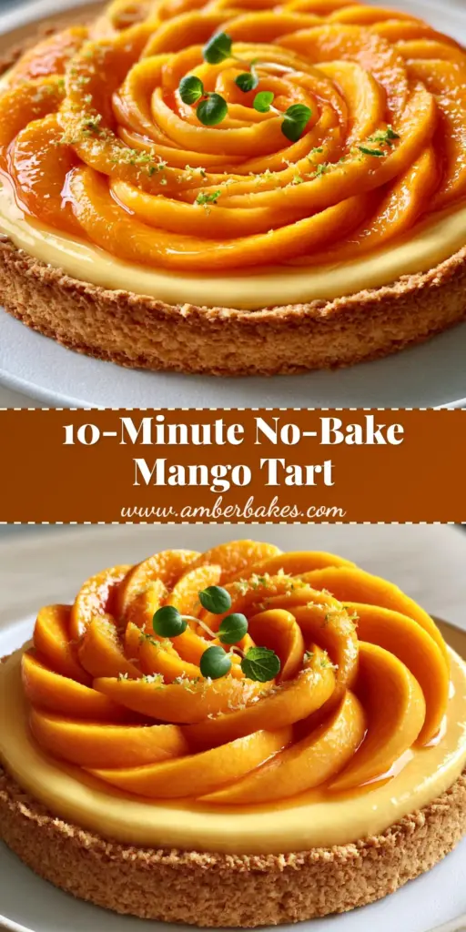 A high-end 10-minute no-bake mango tart on a matte white plate with a mango rose topping. (mango tart recipe)