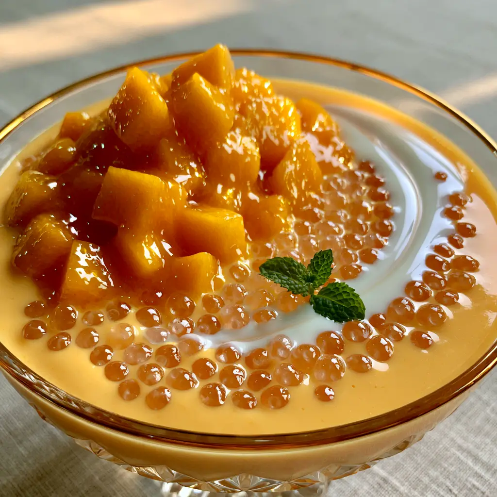 Mango Bango: The Ultimate Creamy Philippine Mango Sago Dessert 2 Close-up of mango bango in a crystal bowl showing texture of sago and mango cream. (mango bango)