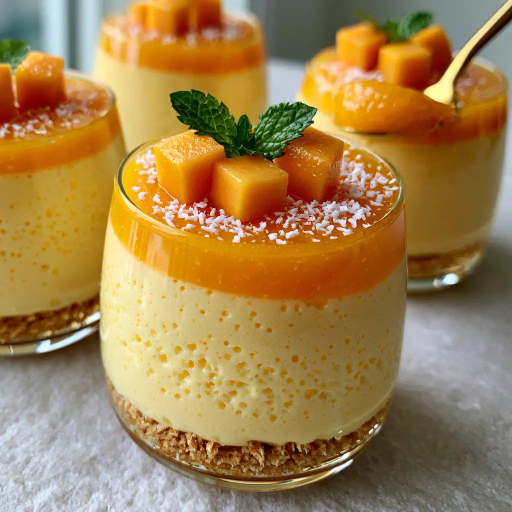 Top view of Mango mousse cups showing the vibrant orange glaze, diced mango, and white coconut flakes.