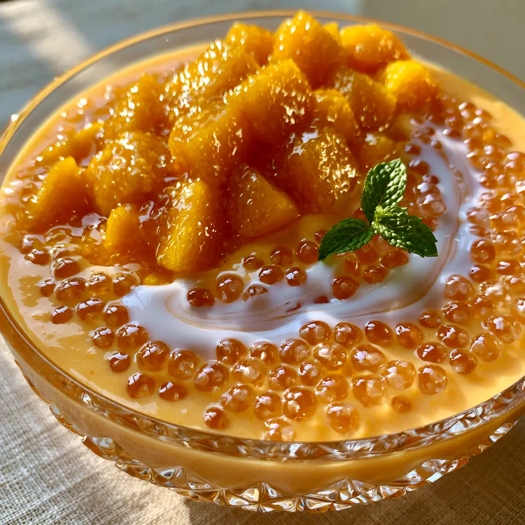 Mango Bango: The Ultimate Creamy Philippine Mango Sago Dessert 1 Top-down view of mango bango with evaporated milk marbling and mint garnish.