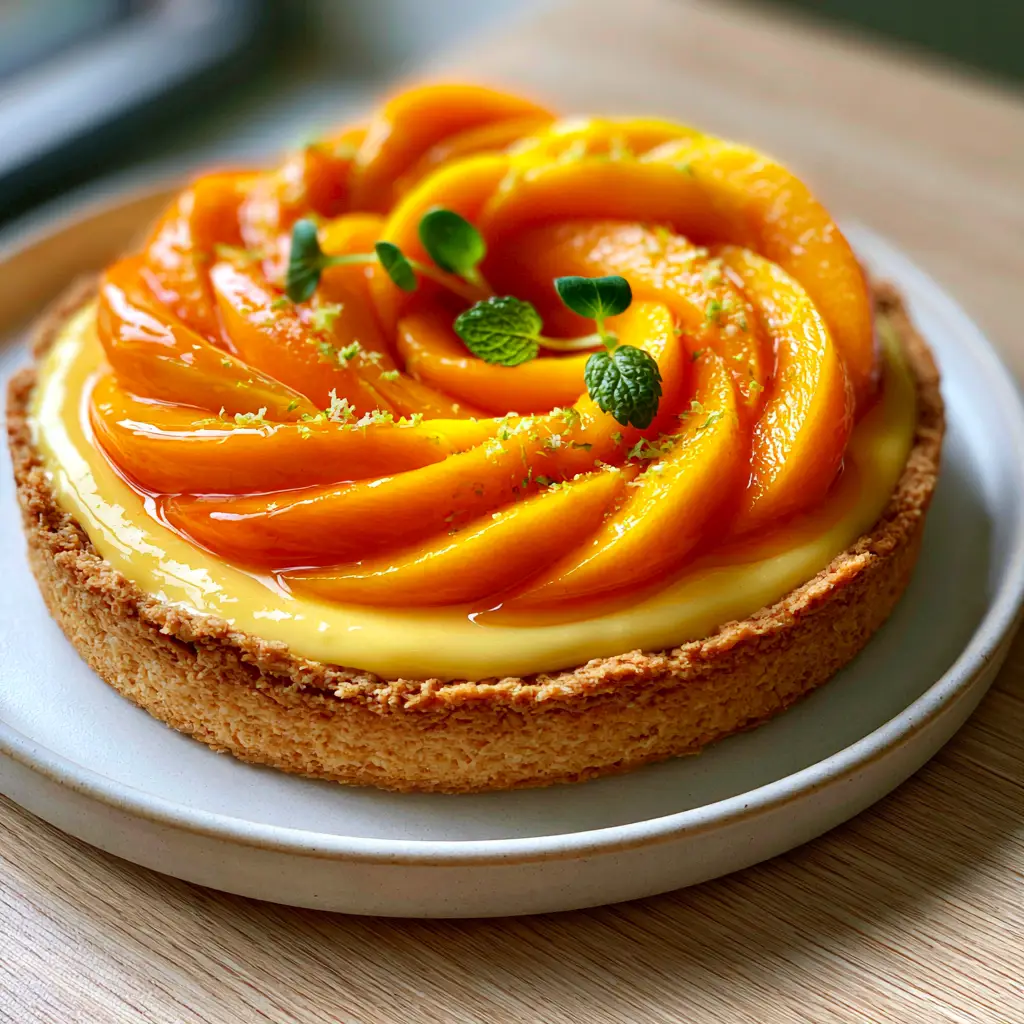 A vibrant deep orange mango rose topping on a glossy custard tart with lime zest.