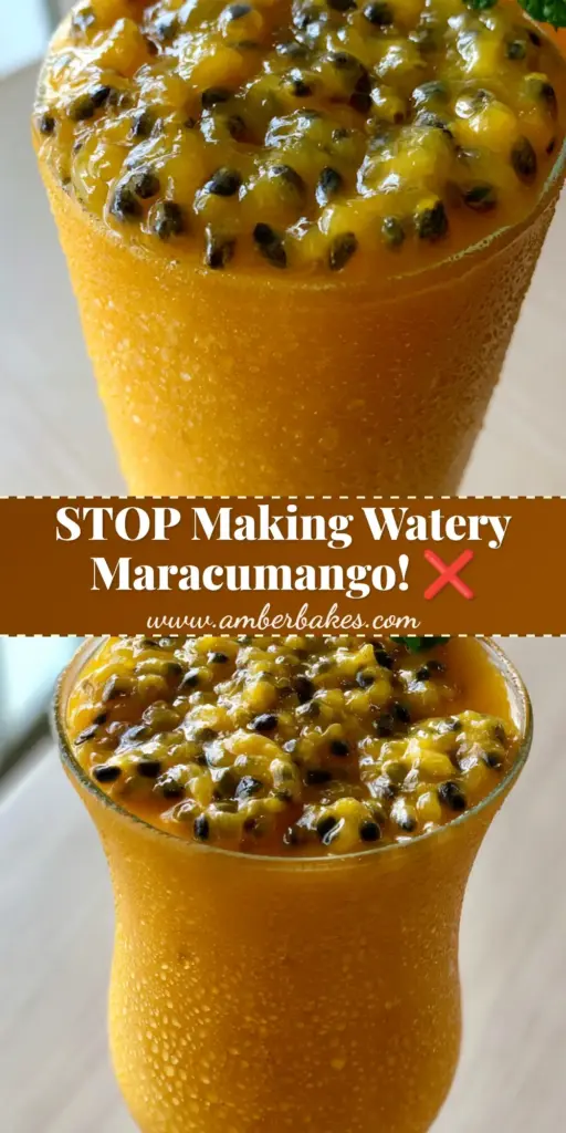 A tall fluted glass of Maracumango with a thick mango base and glossy passion fruit seeds on top.