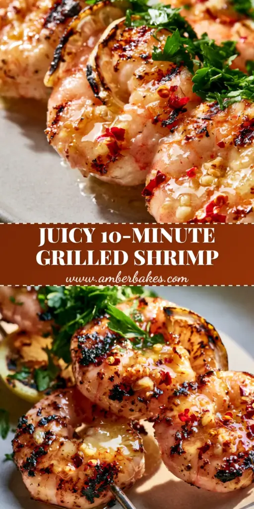A close-up vertical shot of three grilled shrimp skewers on a light grey plate, dripping with glistening garlic butter and red pepper flakes. (grilled shrimp marinade)