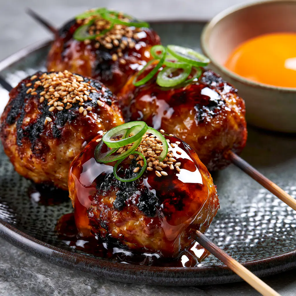 Top-down view of Japanese chicken skewers on a dark ceramic plate with a vibrant orange egg yolk. (Chicken Tsukune)