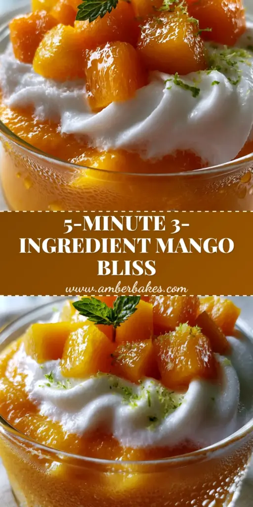 A tall glass ramekin filled with layers of bright orange mango puree and white whipped coconut cream, topped with diced mango and mint. (3 ingredient mango dessert)