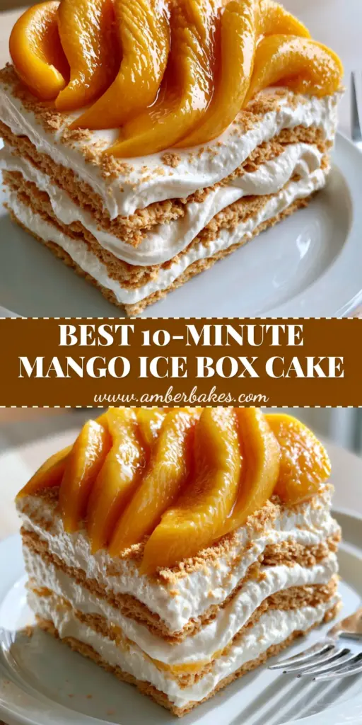 A square slice of mango ice box cake on a white plate showing distinct layers of cream and graham crackers topped with fanned mangoes.