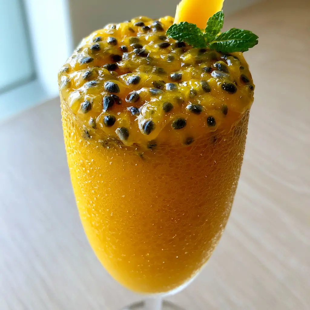 A handheld smartphone photo of a Maracumango drink with chilled condensation on the glass.