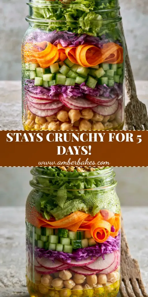 A vertical eye-level photo of a layered Vegetable salad in a mason jar with lemon vinaigrette, chickpeas, and purple cabbage.