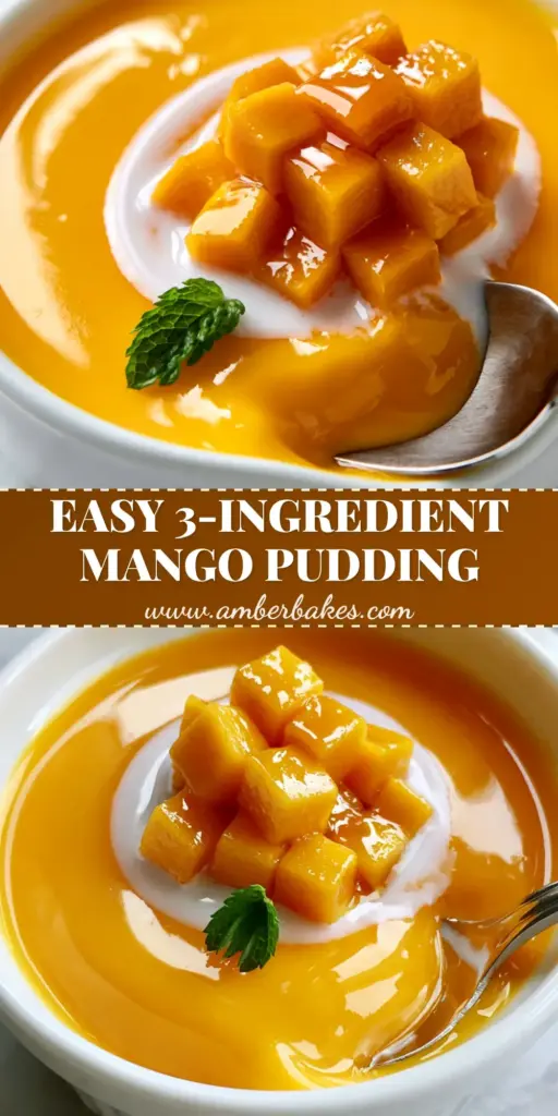 A close-up of a white ramekin containing a vibrant orange mango pudding topped with cubes, nectar glaze, and a coconut swirl. (mango pudding recipe)