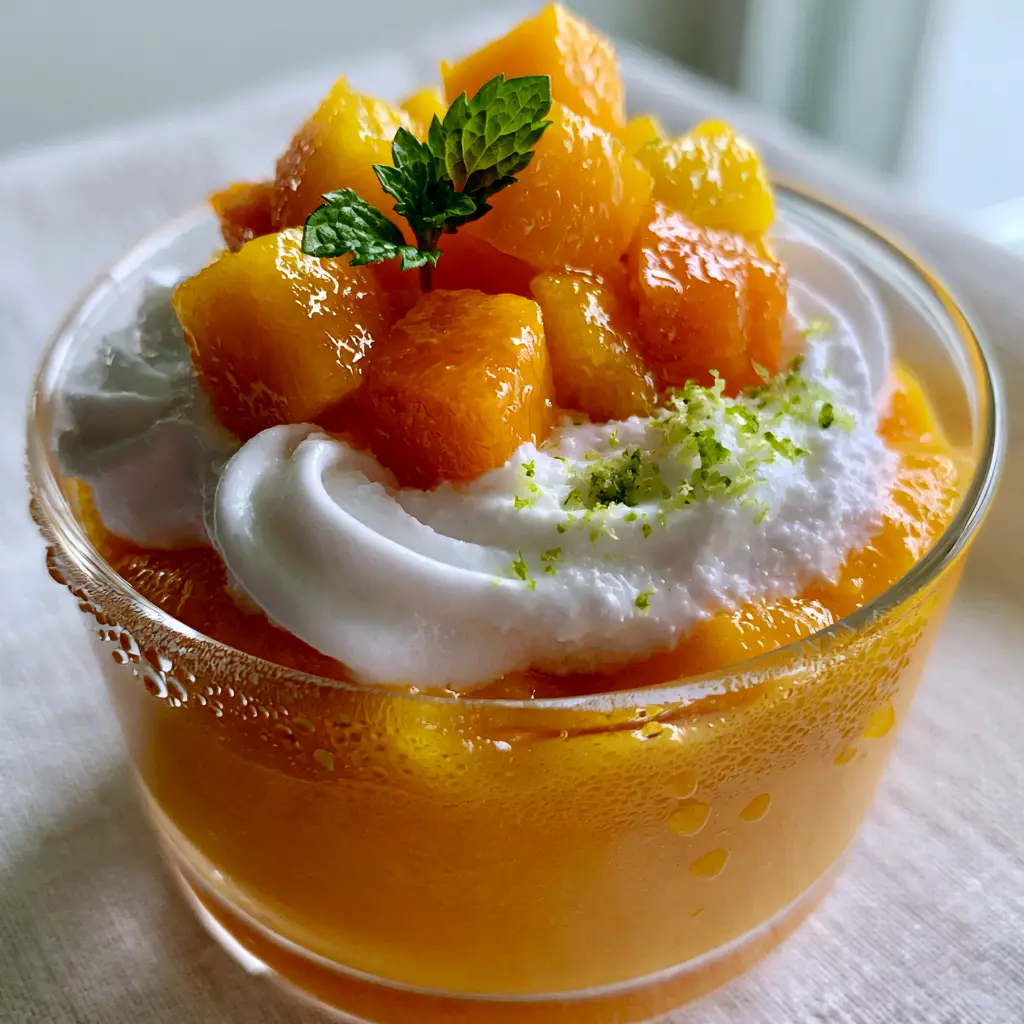 A side view of the chilled mango dessert showing the vibrant colors and glistening fruit cubes.