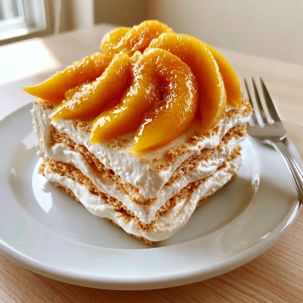 Top view of mango ice box cake featuring vibrant orange-yellow mango slices in a fan pattern with a light dusting of crumbs.
