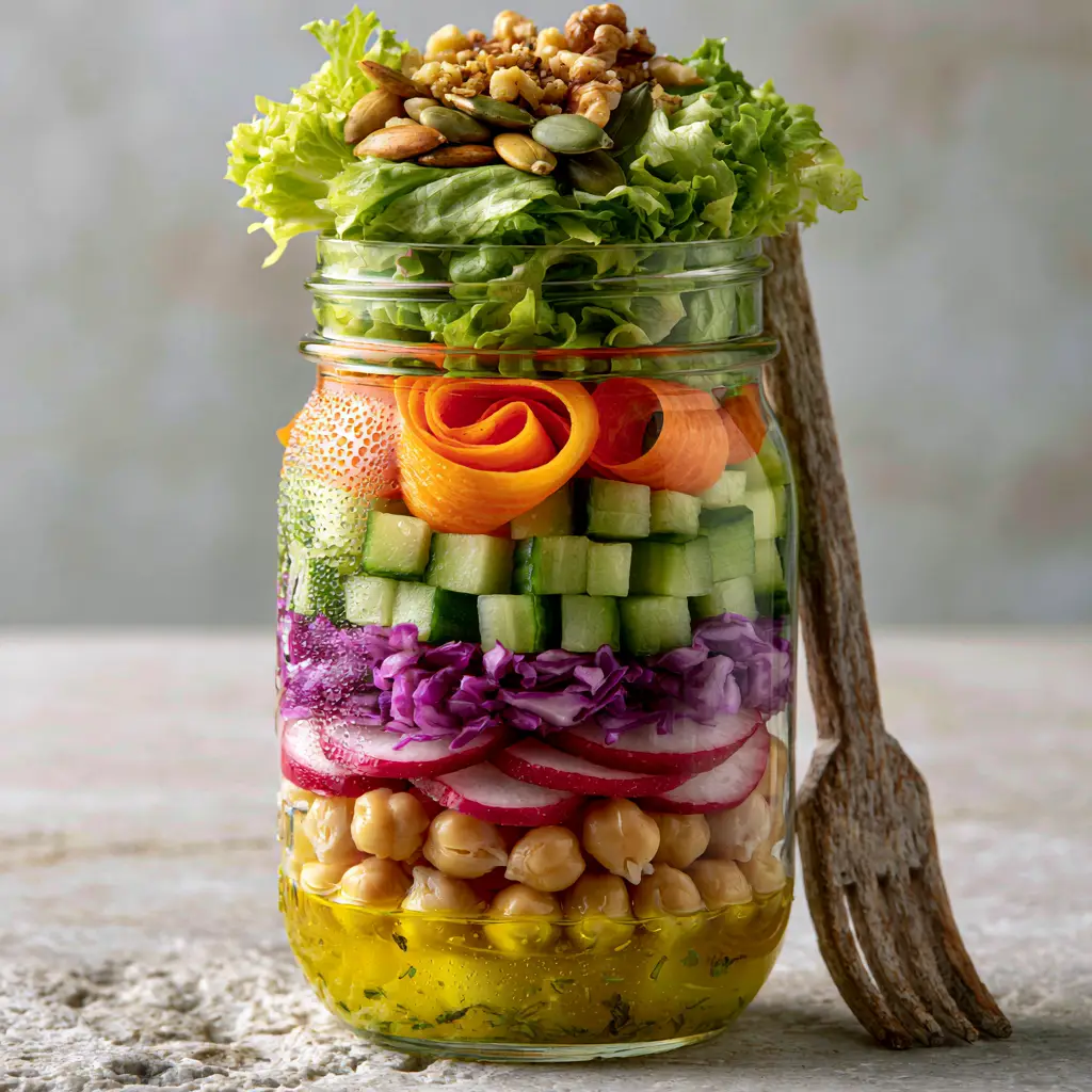 Close-up of fresh romaine lettuce, pumpkin seeds, and crushed walnuts at the top of a vegetable salad jar.