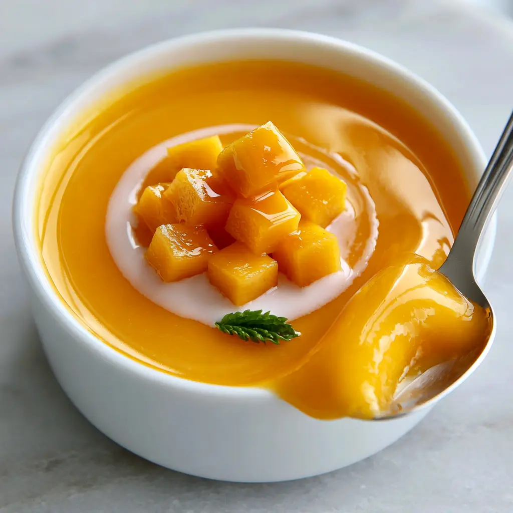 Detailed view of the 'dim sum wobble' as a spoon dips into the creamy mango pudding. (mango pudding recipe)