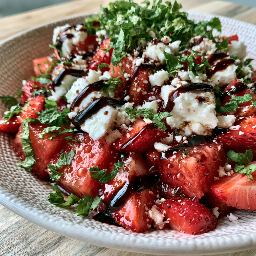Top down view of a strawberry watermelon salad showing the zig-zag balsamic glaze and chunky feta. (strawberry watermelon salad)
