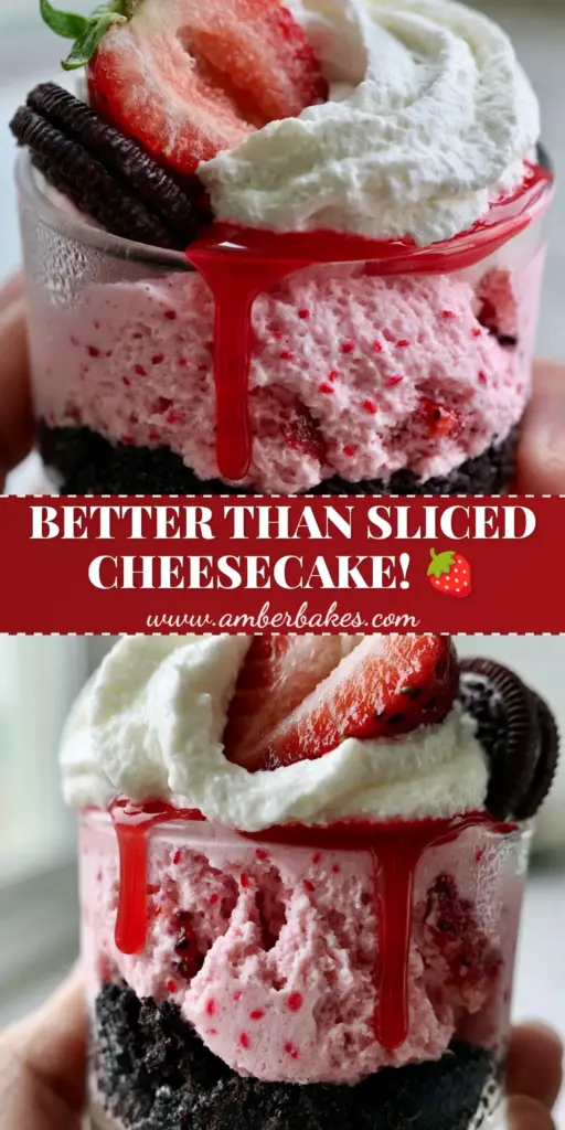 A handheld glass of Strawberry Oreo Cheesecake Cups showing layers of chocolate crumbs and pink strawberry mousse with whipped cream on top.