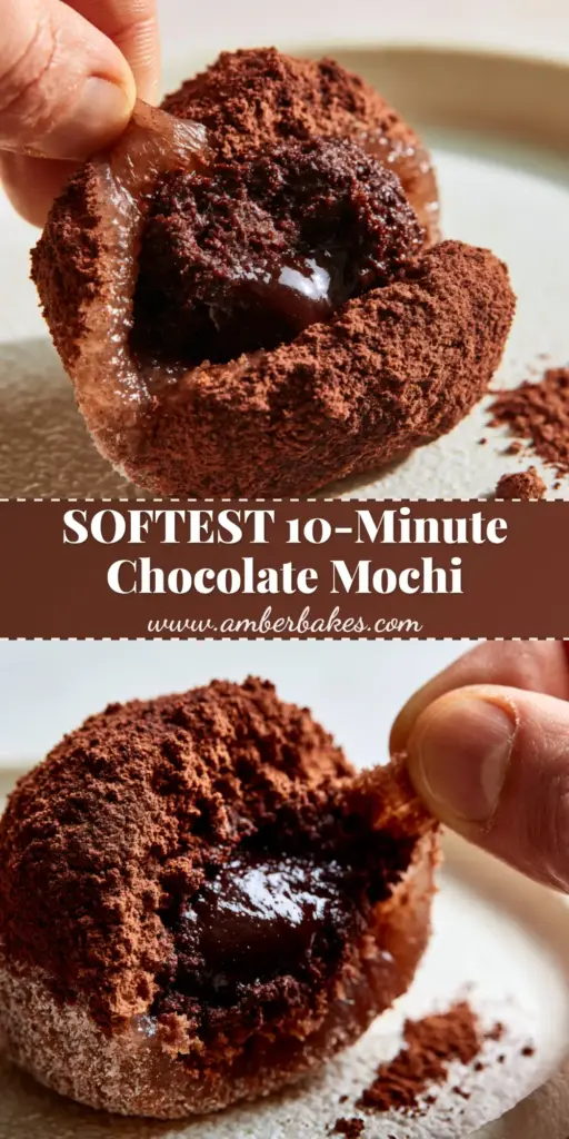 Chocolate Mochi with a Molten Dark Chocolate Ganache Center 3 A close-up of a hand pulling a stretchy chocolate mochi apart to reveal a molten dark chocolate ganache center on a matte ceramic plate.