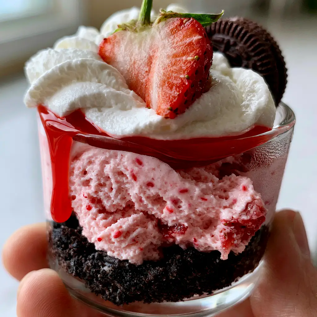 Top view of Strawberry Oreo Cheesecake Cups with stiff-peak whipped cream and a glossy strawberry glaze drizzle.