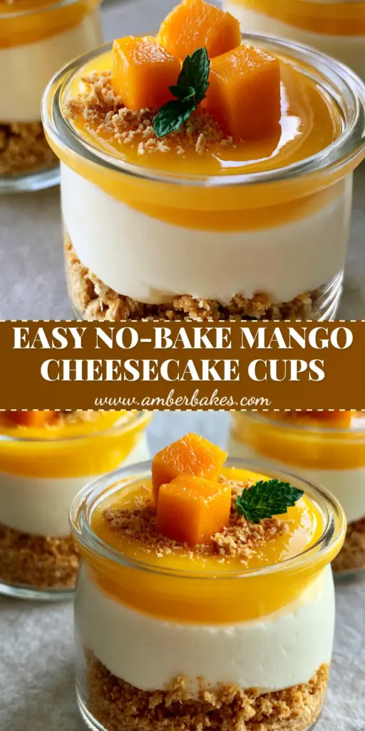 A tall Pinterest-style image featuring three mini mango cheesecake cups in clear glass jars with vibrant orange mango puree and mint garnish.