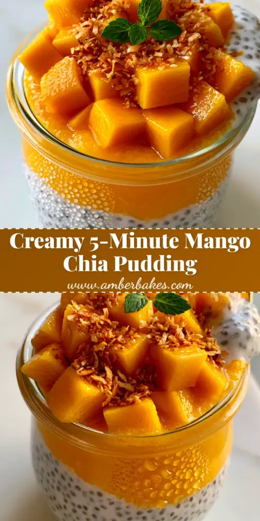 A close-up vertical shot of a Mango Coconut Chia Pudding jar with visible layers of white chia, orange mango puree, and cubed mango topping.