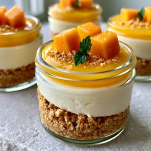 Macro close-up showing the distinct layers of mini mango cheesecake cups, from the golden crust to the vibrant orange puree.