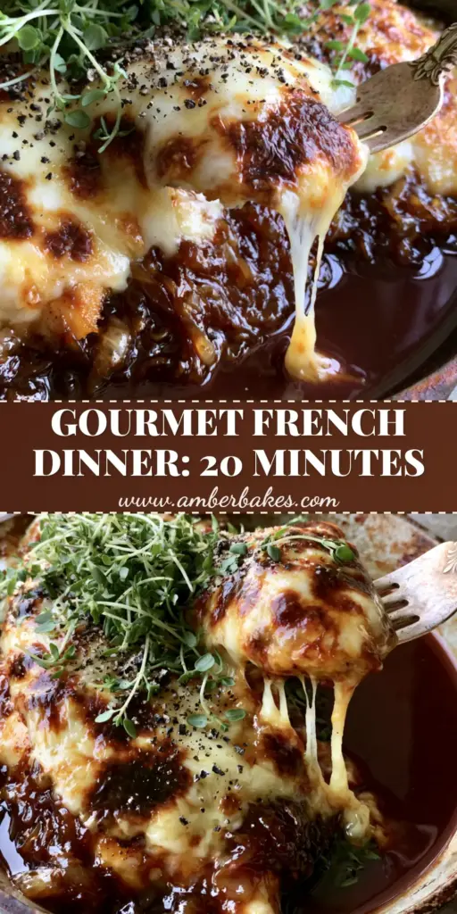 Close-up of skillet French Onion Chicken with bubbly Gruyere cheese and mahogany sauce. (French food)