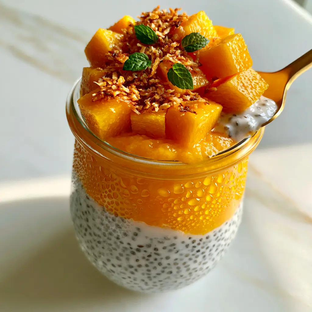 High-angle shot of a glass breakfast jar with Mango Coconut Chia Pudding, featuring thick white seeds and bright orange mango layers.