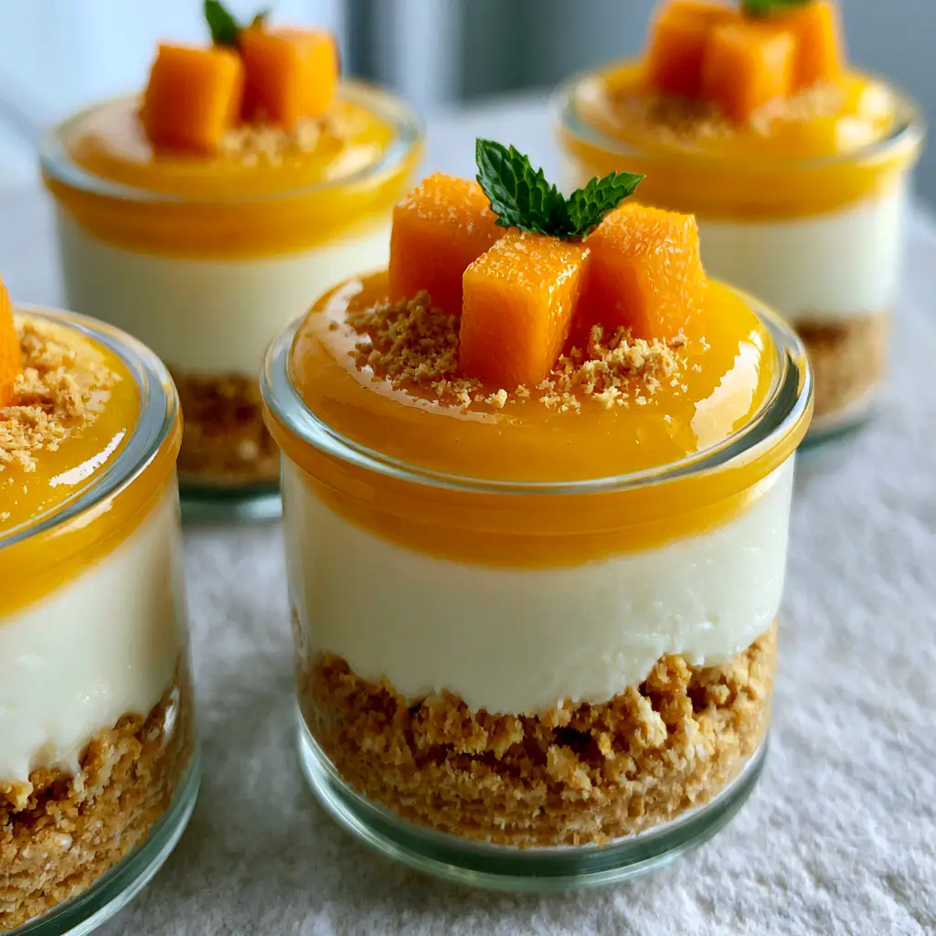 Top-down view of mini mango cheesecake cups highlighting the fresh mango cubes and mint sprig garnish.