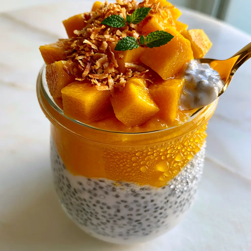 Close-up of a gold spoon dipping into a creamy Mango Coconut Chia Pudding jar topped with toasted coconut and mint.