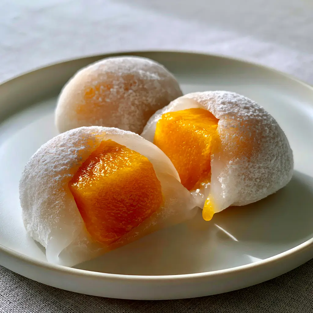 A sliced mango mochi revealing a large, juicy cube of vibrant orange mango inside a soft white dough.
