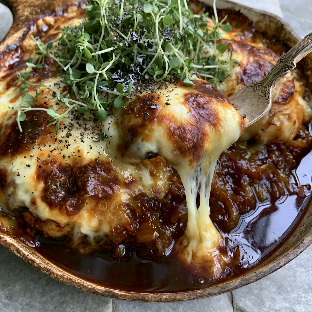 Rustic cast iron skillet featuring jammy caramelized onions and seared chicken with micro-thyme garnish.
