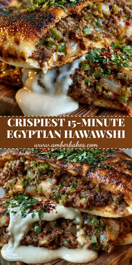 A stack of two crispy Egyptian Hawawshi halves on a wooden board, featuring charred pita and dripping tahini sauce.