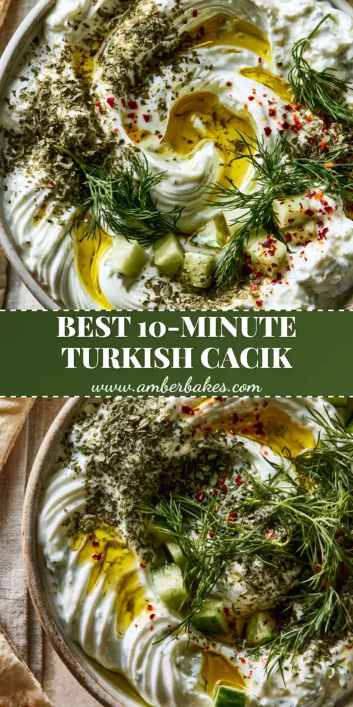 A top-down macro shot of thick Turkish Cacik in a ceramic bowl with swirling ridges, olive oil pools, dried mint, and dill, served with charred pita triangles. (Cacik)
