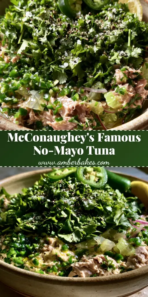 A top-down view of a Matthew McConaughey tuna salad in a ceramic bowl with lemon wedges and sliced jalapenos on a stone countertop.