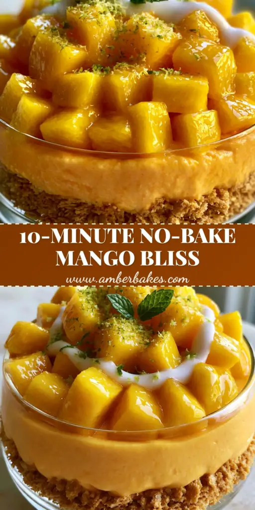 A stack of clear glasses filled with layers of graham cracker crust and orange mango mousse topped with mango cubes and mint. (mango dessert recipes)