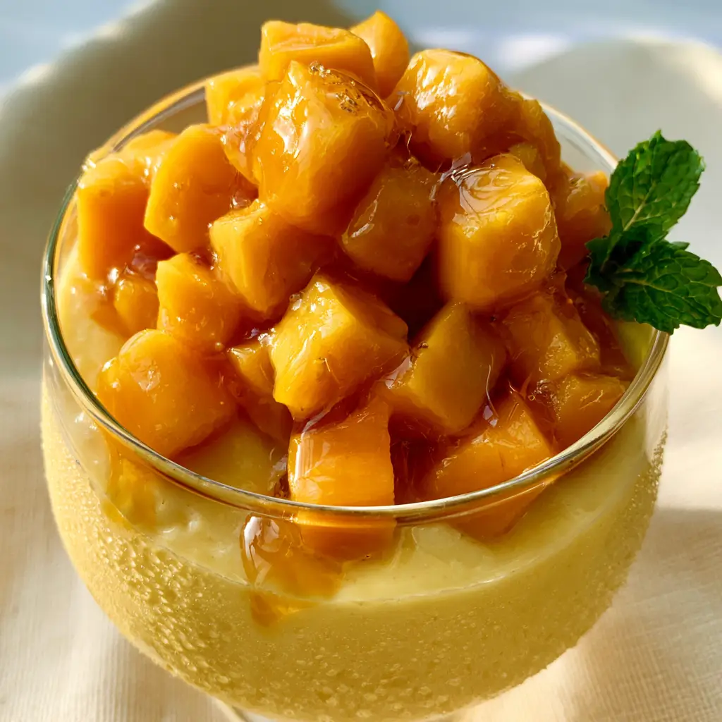 Macro close-up of velvety mango mousse with honey drizzle and fresh mint. (Mango dessert recipe)