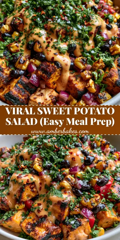 A vibrant Roasted Sweet Potato Black Bean Salad in a white bowl featuring charred orange potatoes, black beans, red peppers, and a creamy orange lime dressing.