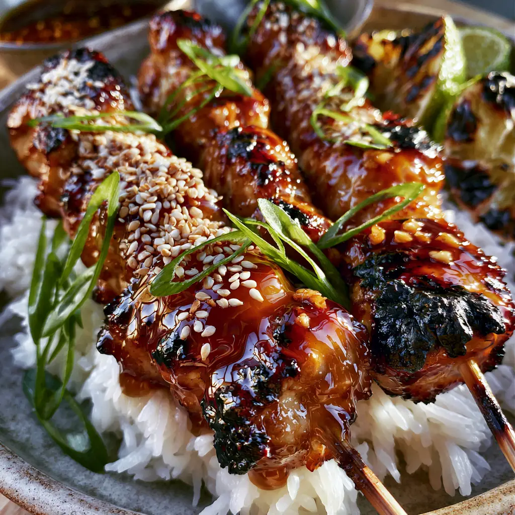 Top-down view of grilled chicken skewers with toasted sesame seeds, green scallions, and charred lime wedges on a matte ceramic plate.