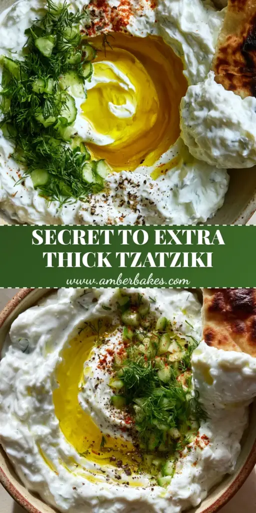 A close-up of ultra-thick Tzatziki sauce in a ceramic bowl with a deep olive oil swirl and charred pita. (Tzatziki sauce)