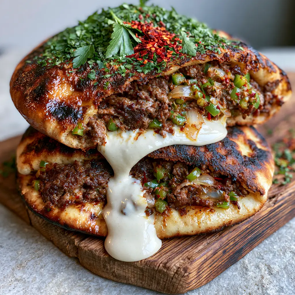 Two halves of Egyptian Hawawshi stacked on a rustic board with vibrant red Aleppo flakes and green parsley.