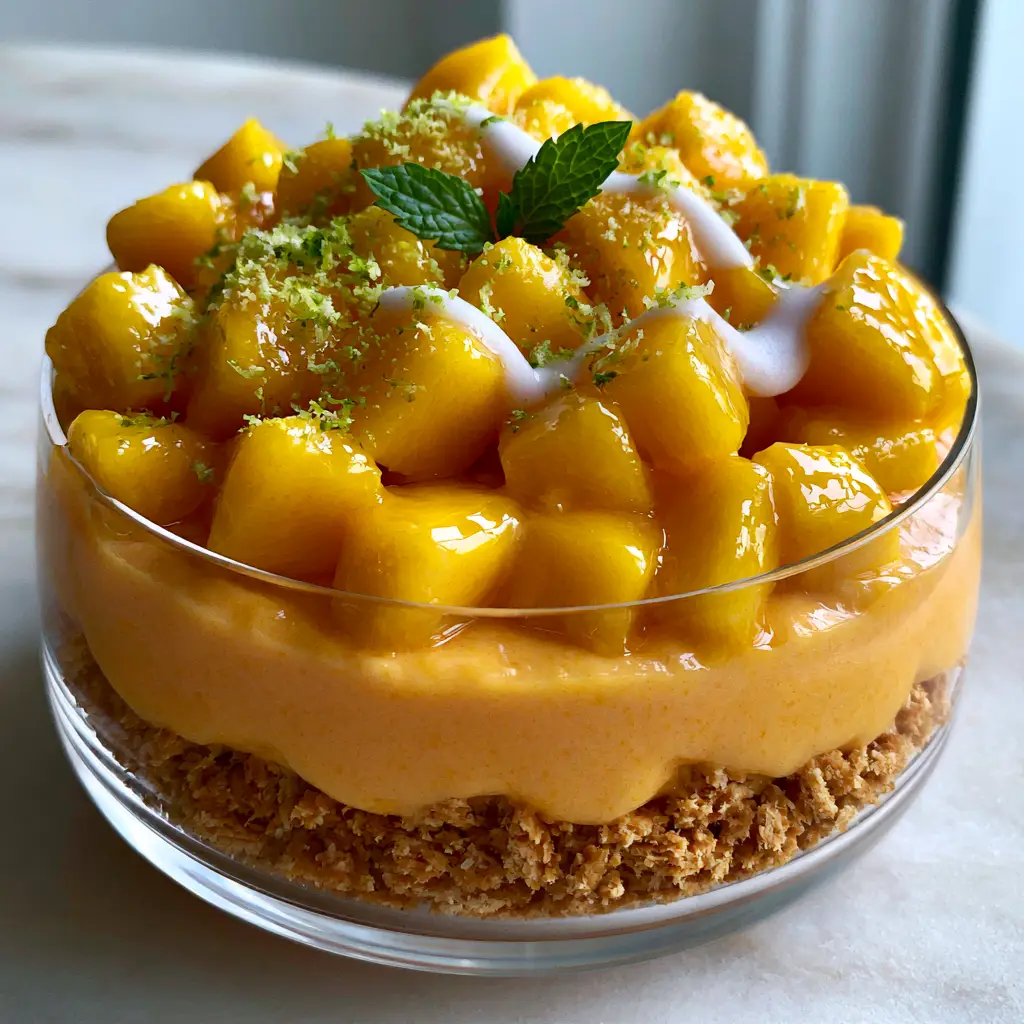 Close up of a mango mousse dessert in a glass with coconut cream drizzle and lime zest. (mango dessert recipes)
