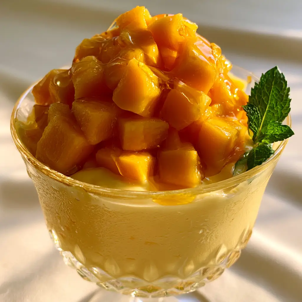 Mountain of diced Alphonso mango cubes on top of a chilled mousse glass.