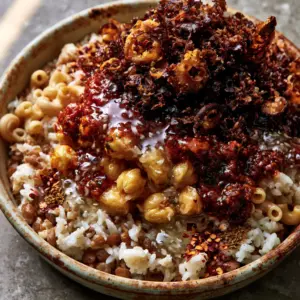 Close-up of a rustic ceramic bowl filled with textured rice, lentils, and macaroni topped with chickpeas. (Egyptian recipes)