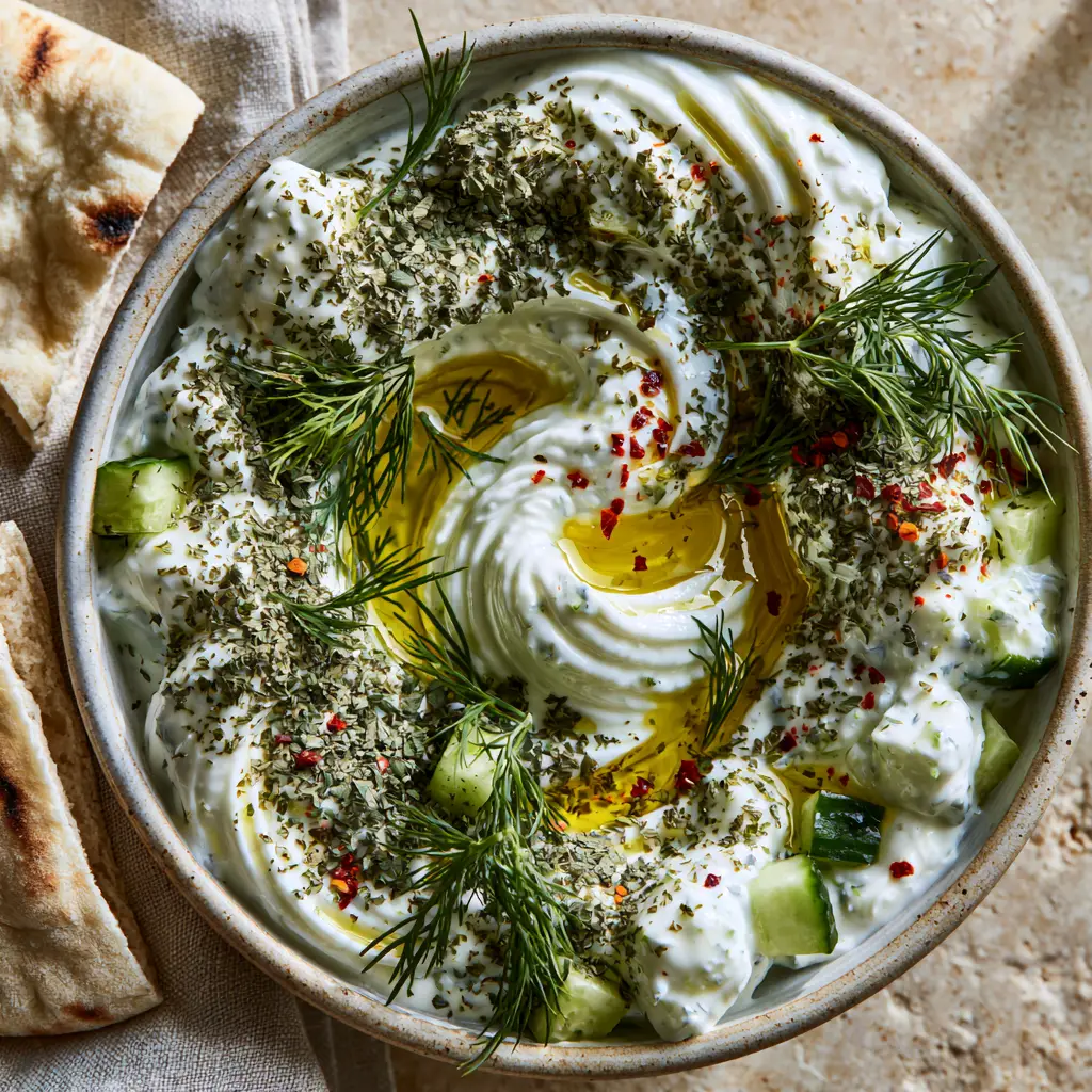 A top-down artisanal bowl of Cacik featuring Aleppo pepper flakes and charred pita on a neutral linen napkin.