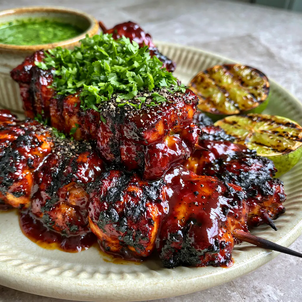 Juicy chicken skewers on a ceramic plate with charred lime halves and green cilantro lime sauce. (Mexican Barbecue Chicken Skewers)
