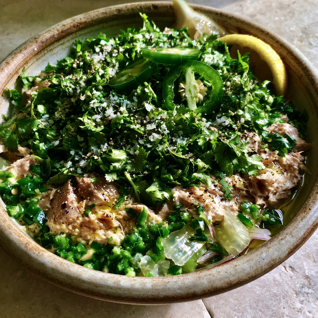 Close up of chopped cilantro, red onion, and jalapenos being folded into a Matthew McConaughey tuna salad.