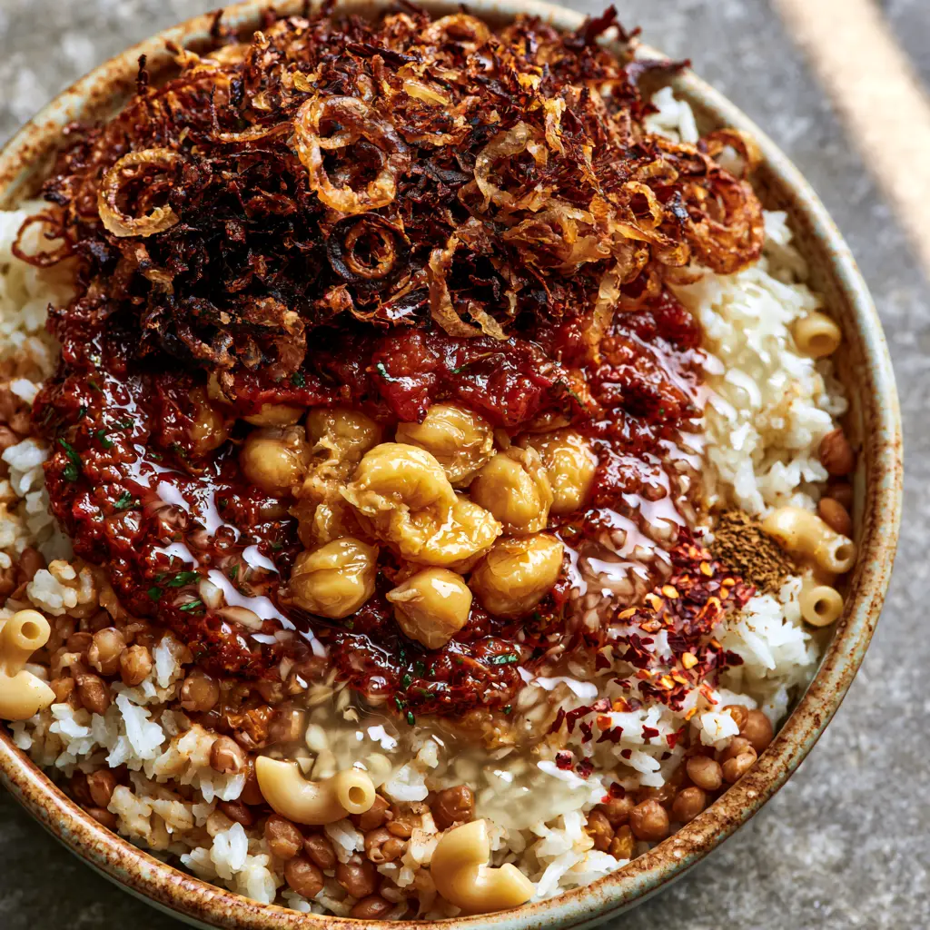 High-angle shot showing the glittering garlic-vinegar drizzle and shattered onion curls on Koshary.