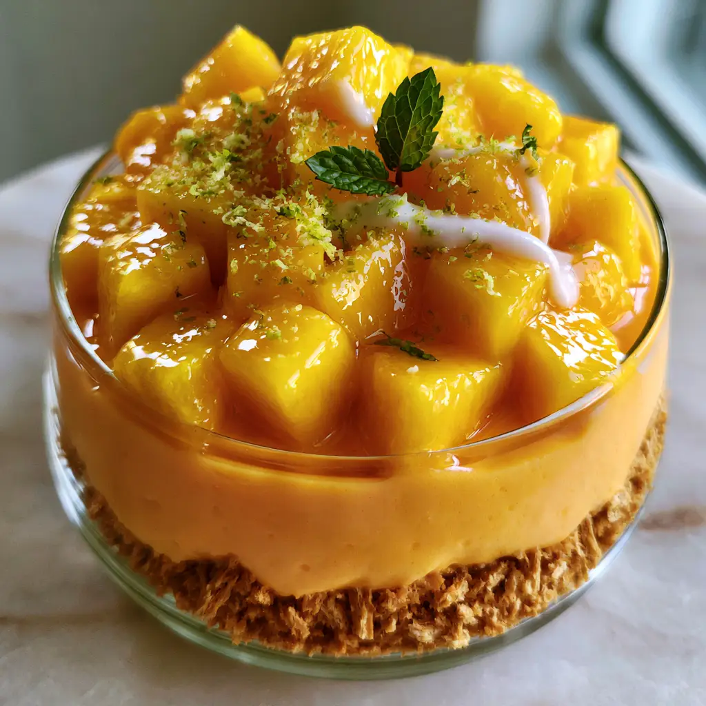 A handheld smartphone photo showing the layers of golden graham cracker base and orange mango cream.